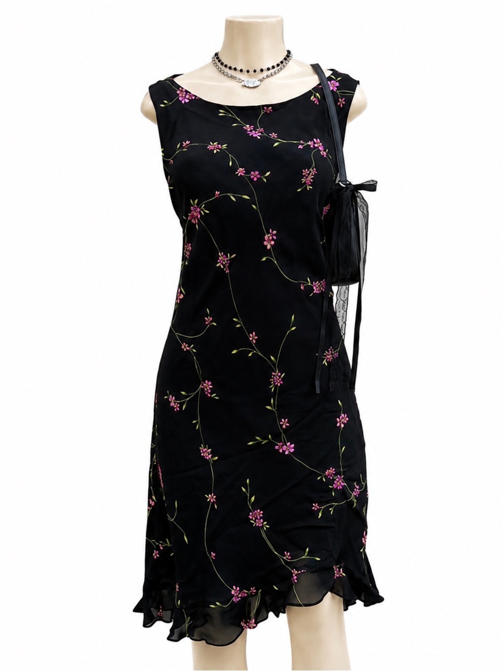Positive Attitude Black Midi Dress with Pink Floral Embroidery